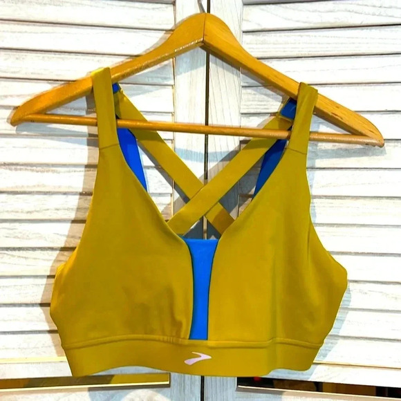 BROOKS Drive Plunge Running Sports Bra Women’s XXL Yellow Blue High Impact - Picture 3 of 6